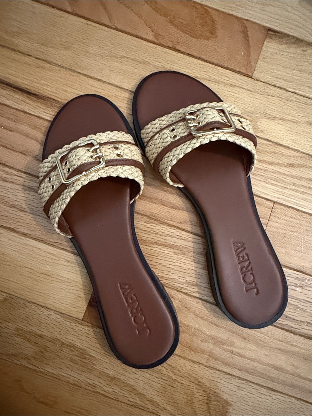 J. Crew Braided Natural and Brown Slide Sandals with Gold Buckles